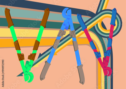 Retro 70s Background with Wire cutter. Groovy Heavy Duty Large Cable Cutter, old cutter for wire or steel bars 1970s art template. Minimalistic Vintage design poster. Old-fashioned color artwork.