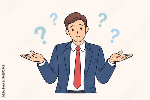 Confused businessman in a blue suit and red tie shrugging his shoulders with question marks around his head. Simple flat vector illustration of a professional man feeling uncertain or lost.