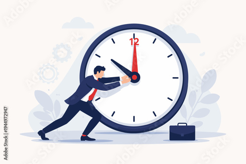 Businessman in a professional suit pushing against the hands of a giant clock to stop time, representing deadline pressure, time management, work-life balance, and stress, flat vector illustration.