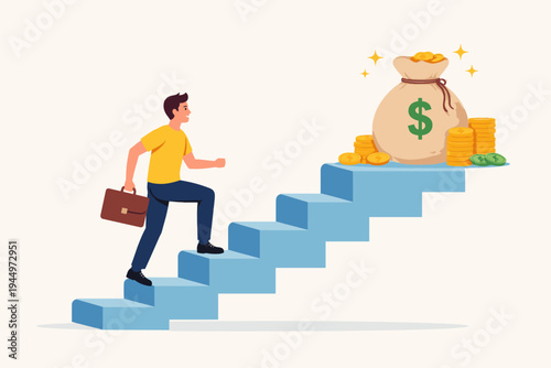Businessman in yellow shirt climbing blue stairs to reach a large money bag with a dollar sign and gold coins. Concept of career growth, financial success, wealth accumulation, and ambition.