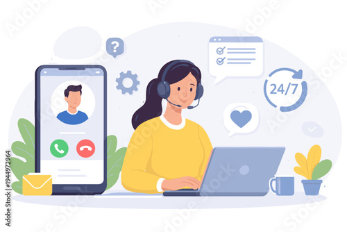 Customer Support Representative with Headset Working on Laptop and Smartphone for Online Assistance, Telemarketing, and 24/7 Help Desk Concept, Flat Vector Illustration for Landing Page Design