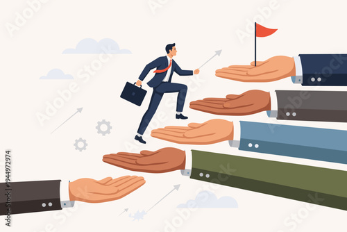 Businessman climbing a career ladder made of helping hands to reach a goal flag. Concept of professional growth, mentorship, teamwork, and corporate success in a clean flat vector illustration.