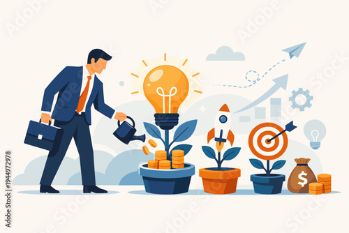 Businessman Investing in Smart Innovative Ideas and Financial Growth. Flat Vector Illustration of Entrepreneur Watering Plants with Lightbulb, Rocket, and Target Symbols for Business Success.