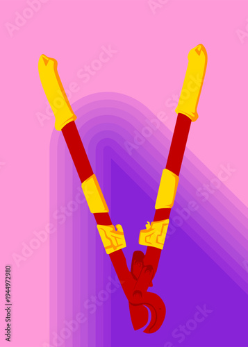 Retro 70s Background with Wire cutter. Groovy Heavy Duty Large Cable Cutter, old cutter for wire or steel bars 1970s art template. Minimalistic Vintage design poster. Old-fashioned color artwork.
