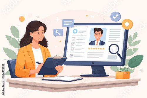 Female HR Manager Reviewing Online Job Application of a Potential Candidate on Computer Screen, Recruiter Screening Professional Resume and Profile for Hiring Process, Flat Vector Illustration