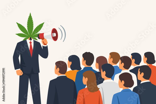 Conceptual vector illustration of a businessman with a cannabis leaf head shouting into a megaphone to a crowd, representing marijuana legalization, corporate cannabis industry, and advocacy.