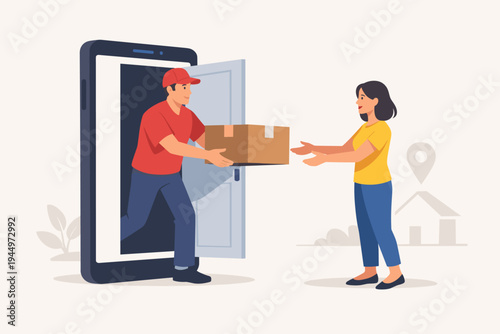 Vector illustration of a deliveryman in a red uniform stepping out of a smartphone door to deliver a cardboard package to a woman at home, representing fast online shopping and mobile app delivery.