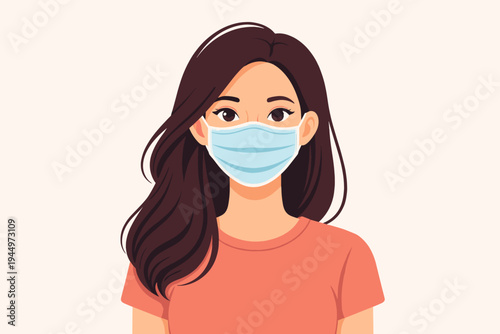 Flat Vector Illustration of a Young Woman Wearing a Blue Surgical Face Mask for Protection and Safety During a Pandemic, Female Character Portrait with Long Dark Hair on a Light Background.
