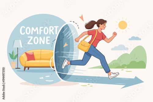 Vector illustration of a woman running out of a comfort zone bubble into a sunny landscape, symbolizing personal growth, change, motivation, and the courage to face new challenges and adventures.