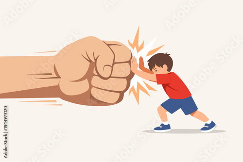 Brave Little Boy Resisting a Giant Fist, Symbolizing Courage and Strength Against Domestic Violence, Bullying, Child Abuse, and Injustice, Flat Vector Illustration for Social Awareness.