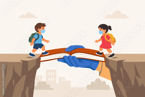 Vector Illustration of a Teacher's Hand in a Blue Glove Holding an Open Book as a Bridge for Children Wearing Face Masks to Cross a Gap, Symbolizing Education Support During a Health Crisis.