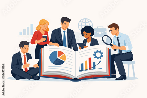 Diverse Professional Business Team Collaborating and Analyzing Financial Data, Charts, and Graphs in a Large Open Book for Corporate Strategy and Administration Flat Vector Illustration