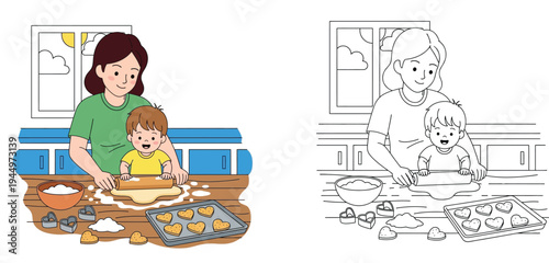 Mother and toddler son baking cookies together in the kitchen, full color and black and white line art coloring page for kids. Vector illustration of family cooking activity.