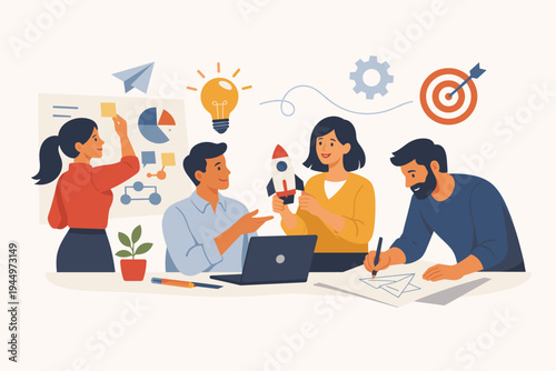 Creative Business Team Working Together on Startup Project Innovation Concept with People Brainstorming Ideas Using Laptop Rocket Model and Charts Simple Flat Vector Illustration for Office.