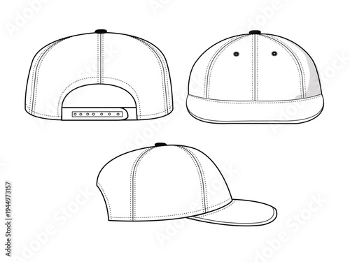 Baseball cap front, back and side view technical flat sketch vector mockup illustration.