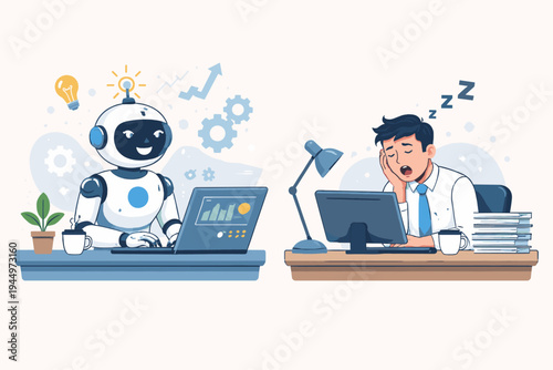Productive Artificial Intelligence Robot Working on Laptop with Creative Ideas vs Tired Exhausted Businessman Sleeping at Office Desk, Concept of AI Automation vs Human Labor and Work Burnout