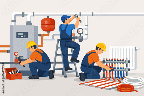 Professional construction team installing or repairing a home heating supply system in a basement with a boiler, radiator, underfloor heating pipes, and tools in a flat vector illustration.