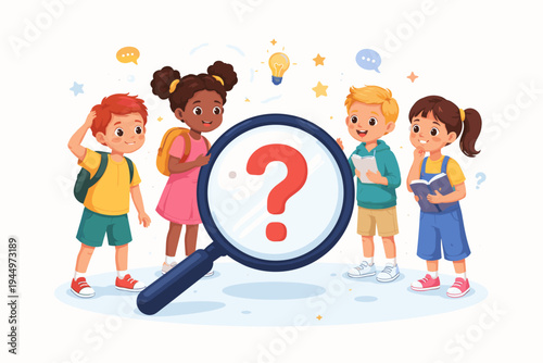 Diverse Group of Curious School Children Standing Around a Large Magnifying Glass with a Question Mark, Exploring Ideas, Learning, and Solving Mysteries in a Bright Flat Vector Illustration