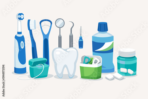 Comprehensive set of dental cleaning tools and oral hygiene products featuring electric toothbrush, floss, mouthwash, tongue scraper, and dentist instruments in a clean flat vector style.