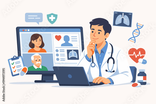 Professional male doctor in white coat using laptop for telemedicine, conducting online video consultations with patients, reviewing medical records, X-rays, and digital health data vector.