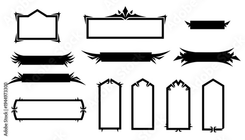 Collection of black gothic frames, spiky banner ribbons, and sharp border vector elements. Ideal for fantasy game UI, tattoos, or dark text boxes