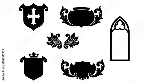 Set of black vintage heraldic design elements featuring a shield with cross, crown, floral scroll frames, fleur-de-lis, and gothic arch window