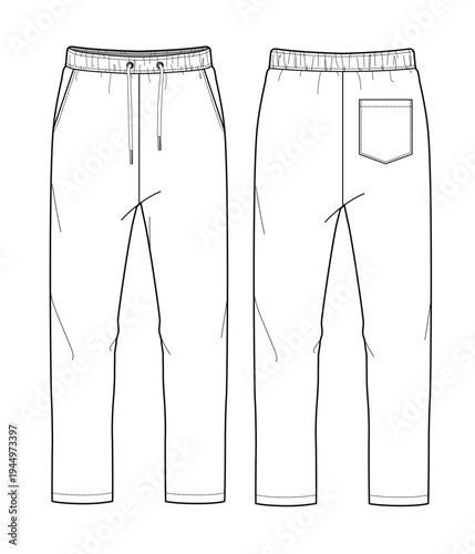 Men’s trouser front and back view technical flat design vector mockup template.
