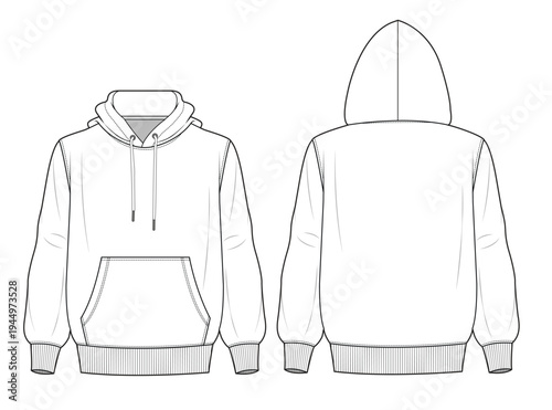 Oversized hoodie front and back view mockup template vector design technical illustration.