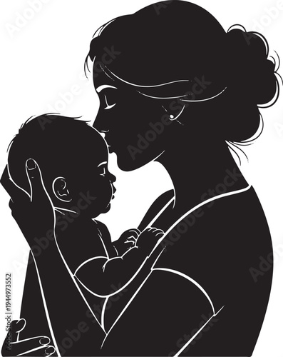 Detailed silhouette of a mother gently kissing her baby's forehead, a tender moment of love and maternal affection.