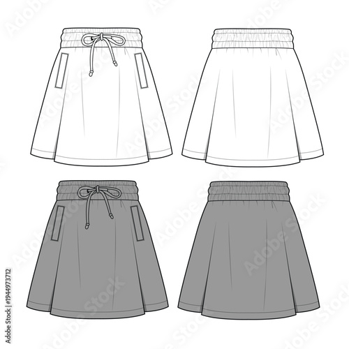 Kids girls box pleat skirt front and back view vector mockup template technical flat design
