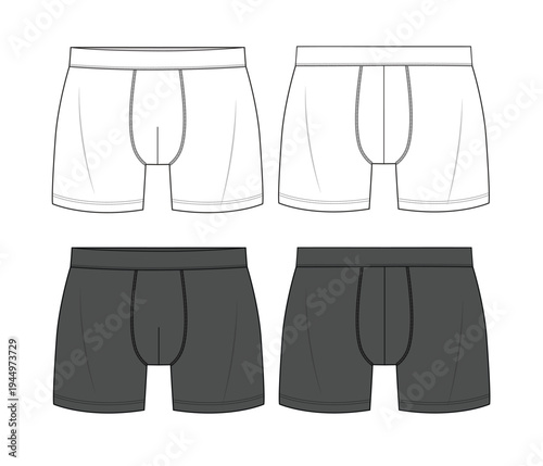 Men’s boxer short front and back view technical flat drawing vector mockup illustration.