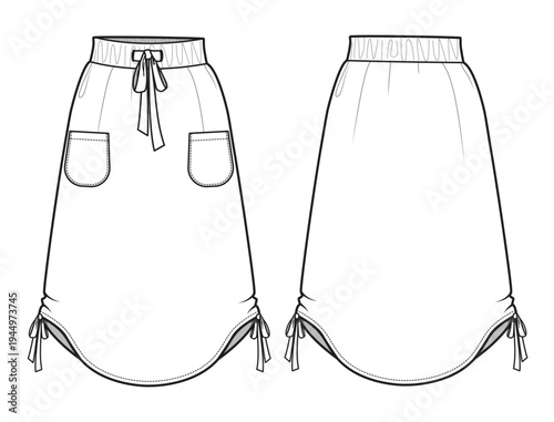 A line skirt front and back view flat sketch vector mockup template technical illustration.