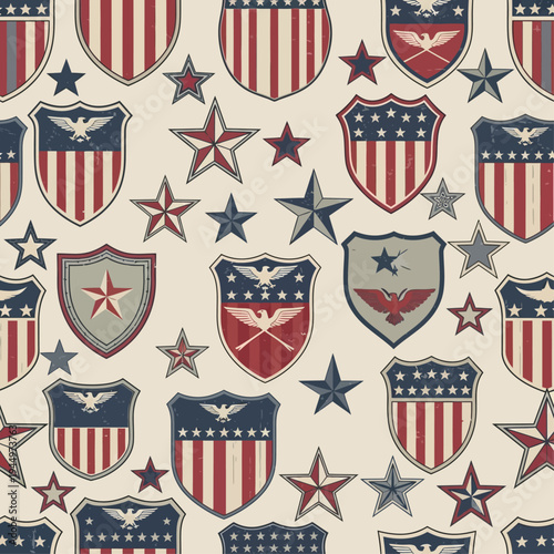 Seamless vintage patriotic pattern featuring stylized American shields and stars, evoking a strong sense of national heritage, pride, and traditional decorative appeal