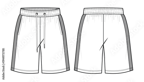 Male gym shorts front and back view vector design mockup template technical flat sketch.
