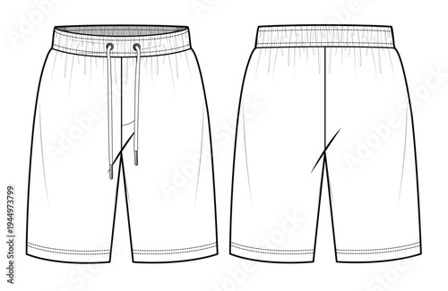 Men’s shorts front and back view vector mockup template.