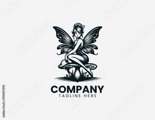 Sitting fairy with butterfly wings black vector logo illustration isolated on white background