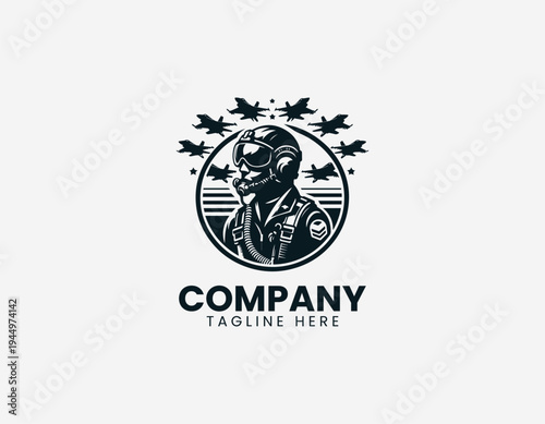 Fighter pilot with jet formation black vector logo illustration isolated on white background