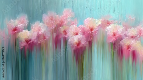 Impressionistic portrayal of pink flowers against a textured light blue abstract background