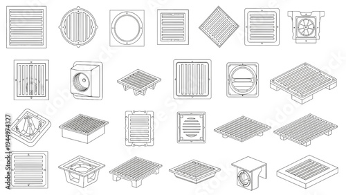 Collection of Various Types of Drainage Grates and Covers Isometric View