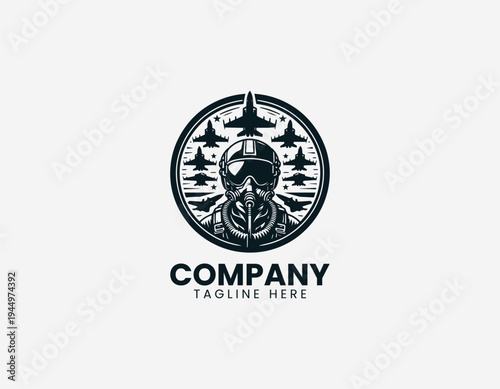 Fighter pilot with jet formation black vector logo illustration isolated on white background