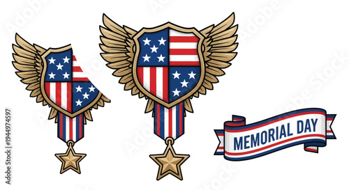 Vector illustration set featuring patriotic American flag medals with wings and a 'Memorial Day' banner, symbolizing honor, remembrance, and national pride for commemorative events