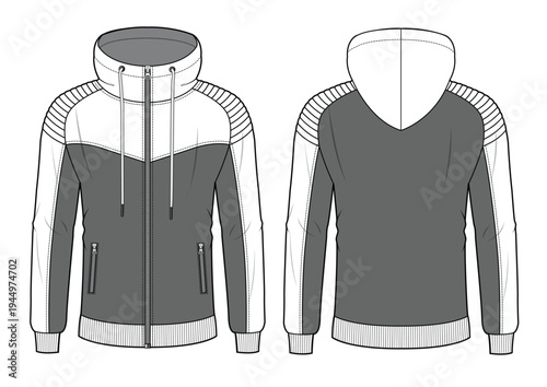 Man slim fit hoodie front and back view vector design technical flat sketch by adobe illustrator.