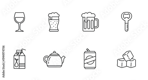 Collection of beverage and drink icons in outline style