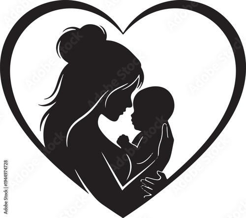 Stylized silhouette of a mother holding her baby within a bold heart outline, emphasizing parental love.