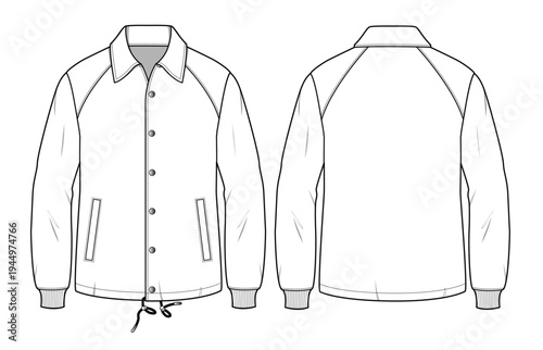 Shirt jacket front and back view design technical flat sketch vector mockup template.