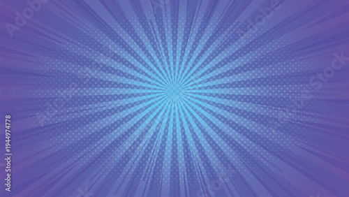 Comic book background with radial lines and halftone dots in blue and purple colors for cartoon style