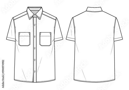 Men short sleeve shirt front and back view flat drawing vector design mockup template.