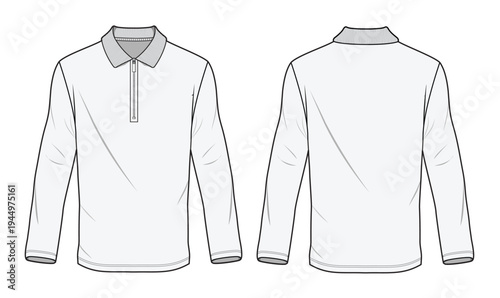 Man quarter zip long sleeve polo shirt technical flat drawing vector mockup illustration.