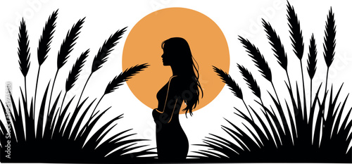 Silhouette of woman in grass with large sunset behind her pampas grass nature evening sky warm tones