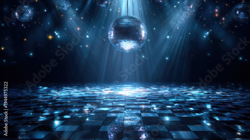 Vibrant blue disco background features reflective dance floor illuminated by shimmering lights and hanging disco balls, creating energetic and festive atmosphere